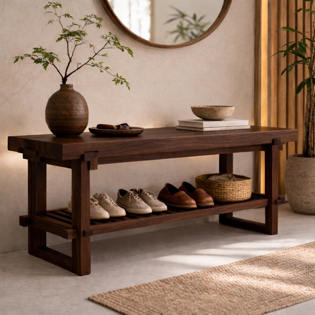 Solid Oak Entryway Bench with Storage Shelf | Modern Hallway Seating