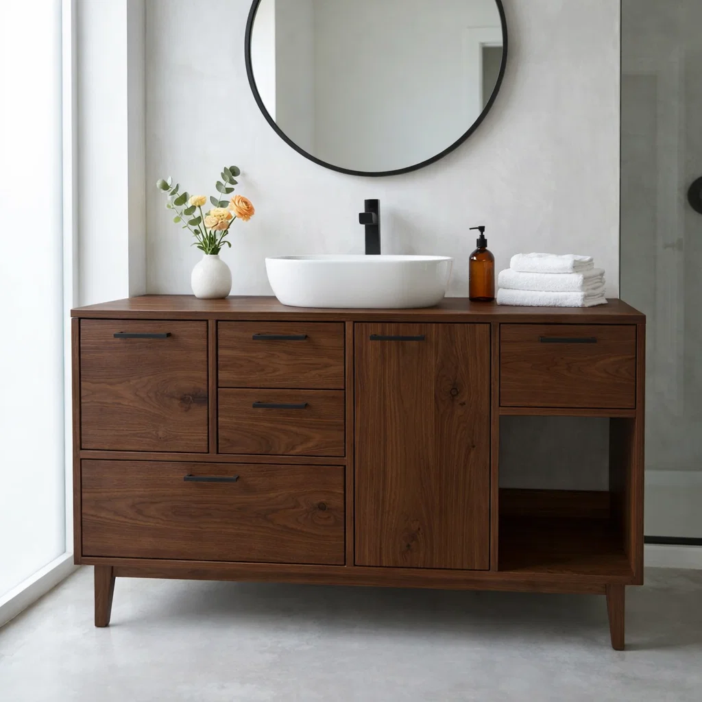 Solid Wood Bathroom Vanity with Drawers & Open Storage – Modern Design