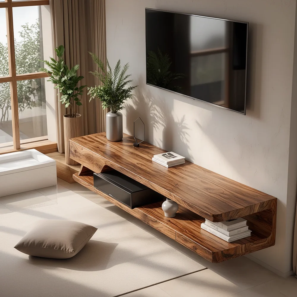 Solid Wood Floating TV Stand Modern Wall Mounted Media Console Shelf