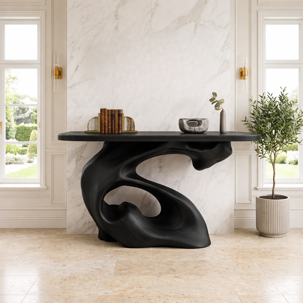 Solid Wood Console Table with Sculpted Organic Base, Artistic Modern Design