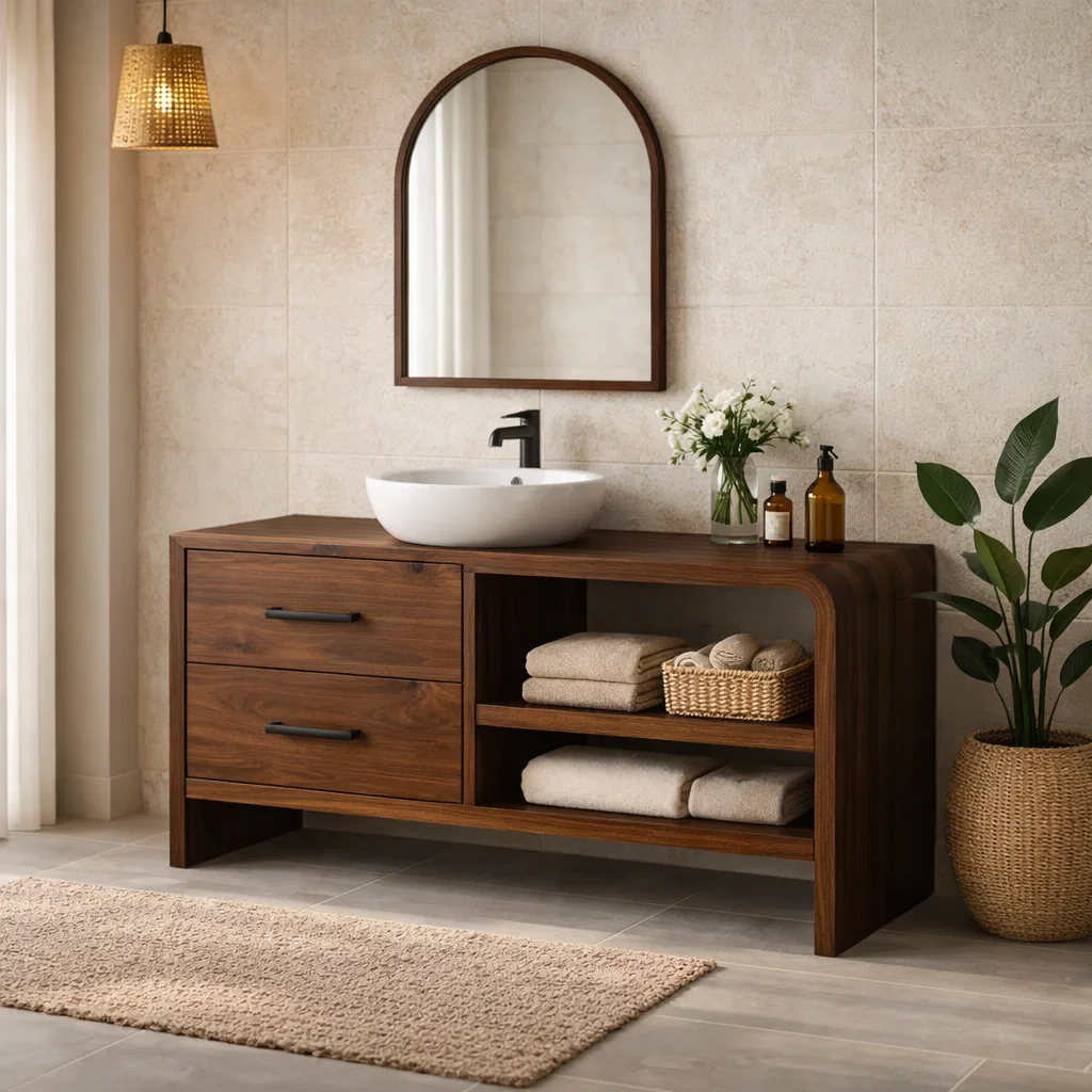Modern Solid Wood Bathroom Vanity with Drawers and Open Shelf Storage Cabinet