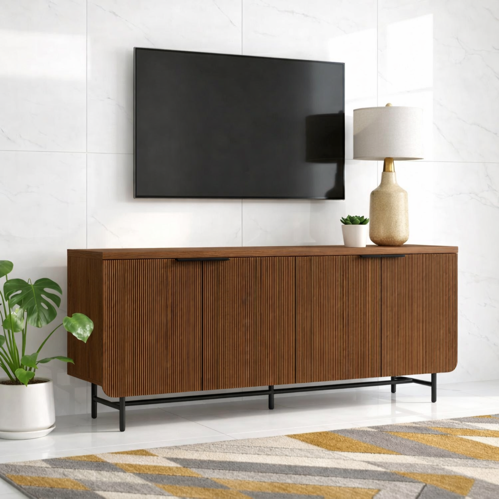 Modern Solid Wood TV Stand Fluted Front Media Console with Metal Base Storage Unit