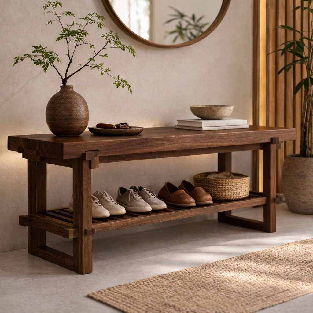 Solid Oak Entryway Bench with Storage Shelf | Modern Hallway Seating