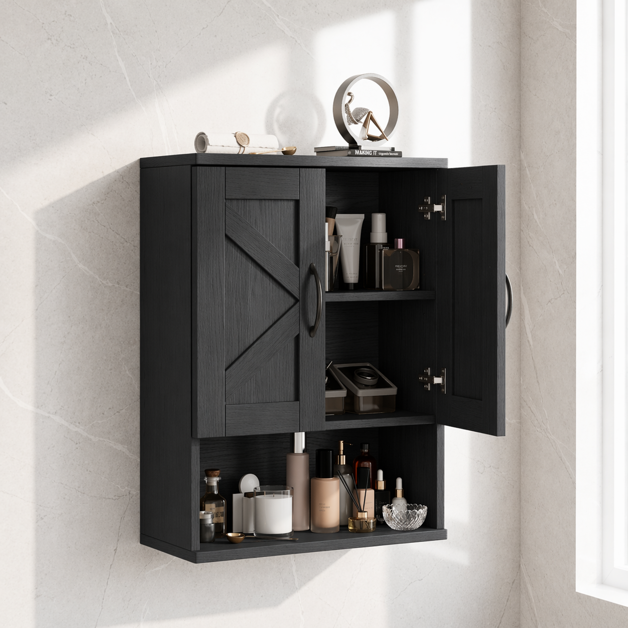 Floating Bathroom Cabinet, Farmhouse Wall Mounted Vanity Storage Shelf Organizer