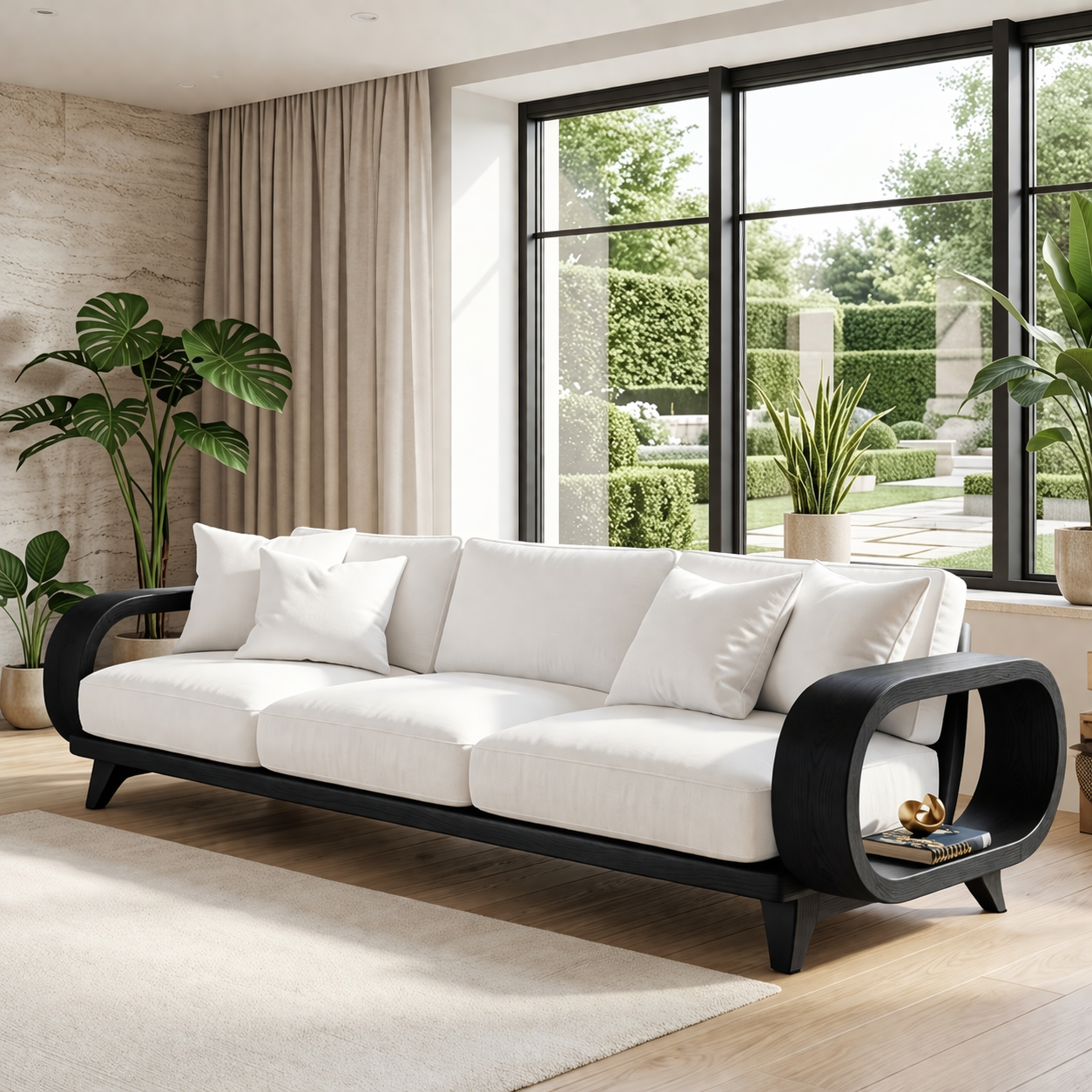 Modern Sculptural Solid Wood Sofa with White Cushions Organic Curved Designer Couch