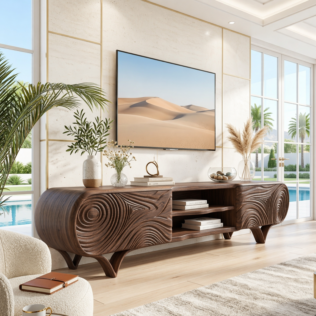 Modern Sculptural TV Console, Carved Storage Media Cabinet for Luxury Interiors