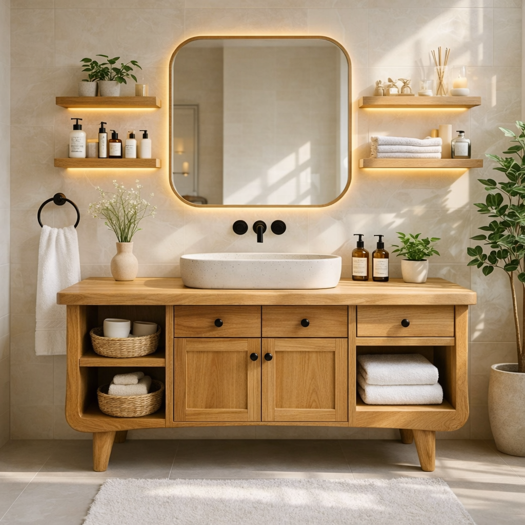 Modern Farmhouse Bathroom Vanity Cabinet With Drawers And Open Shelf Storage