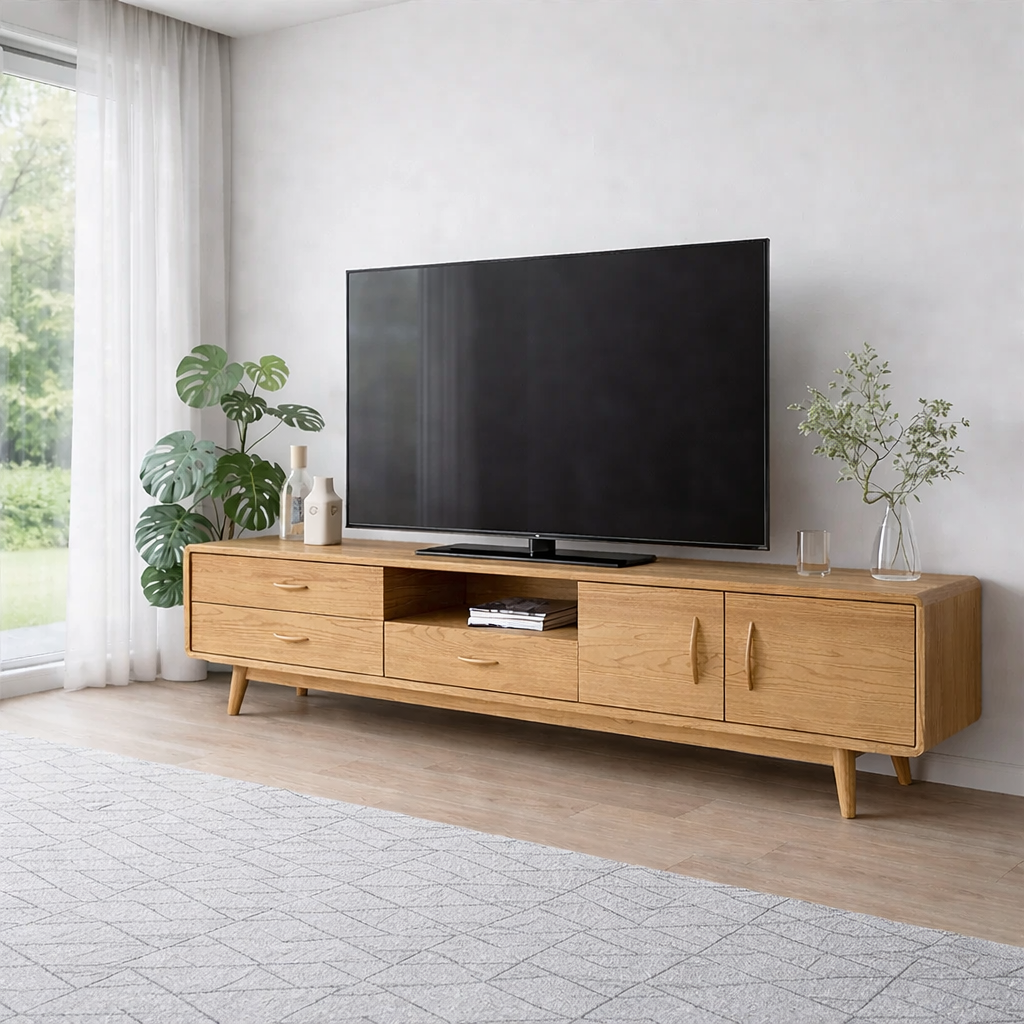 Solid Wood TV Console with Drawers & Cabinets – Modern Mid Century Stand
