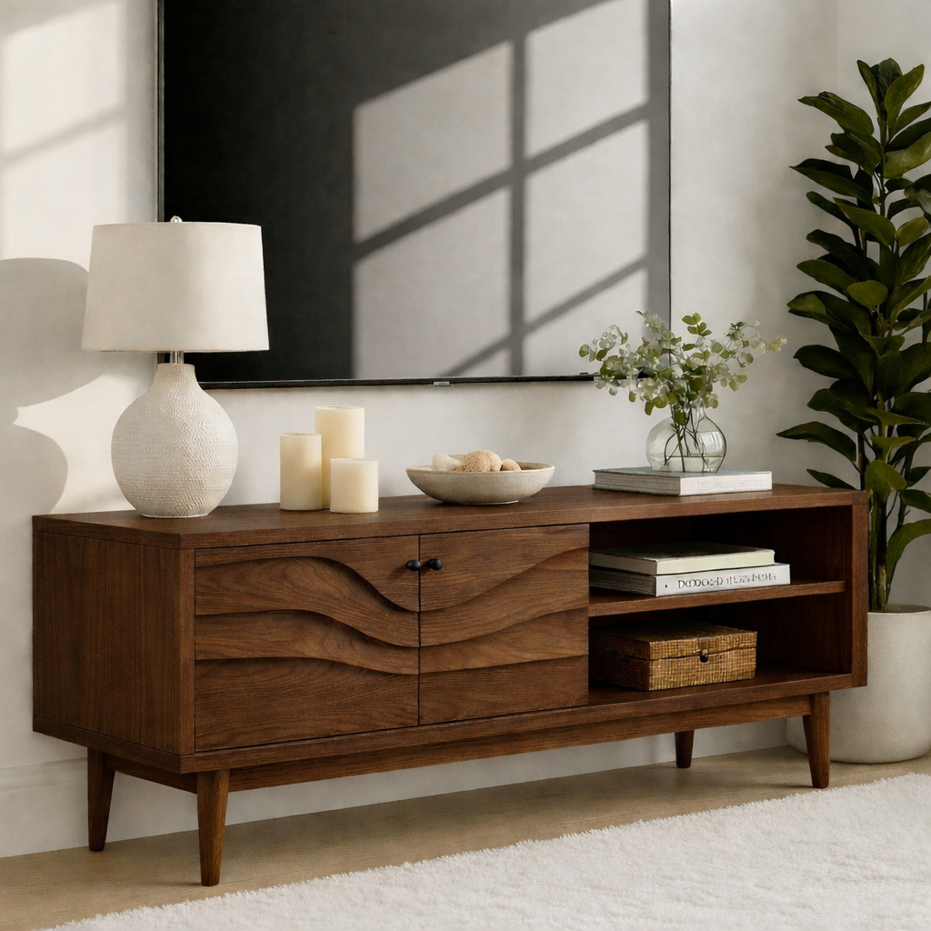 Mid Century Solid Wood TV Stand Wave Front Media Console Modern Entertainment Cabinet