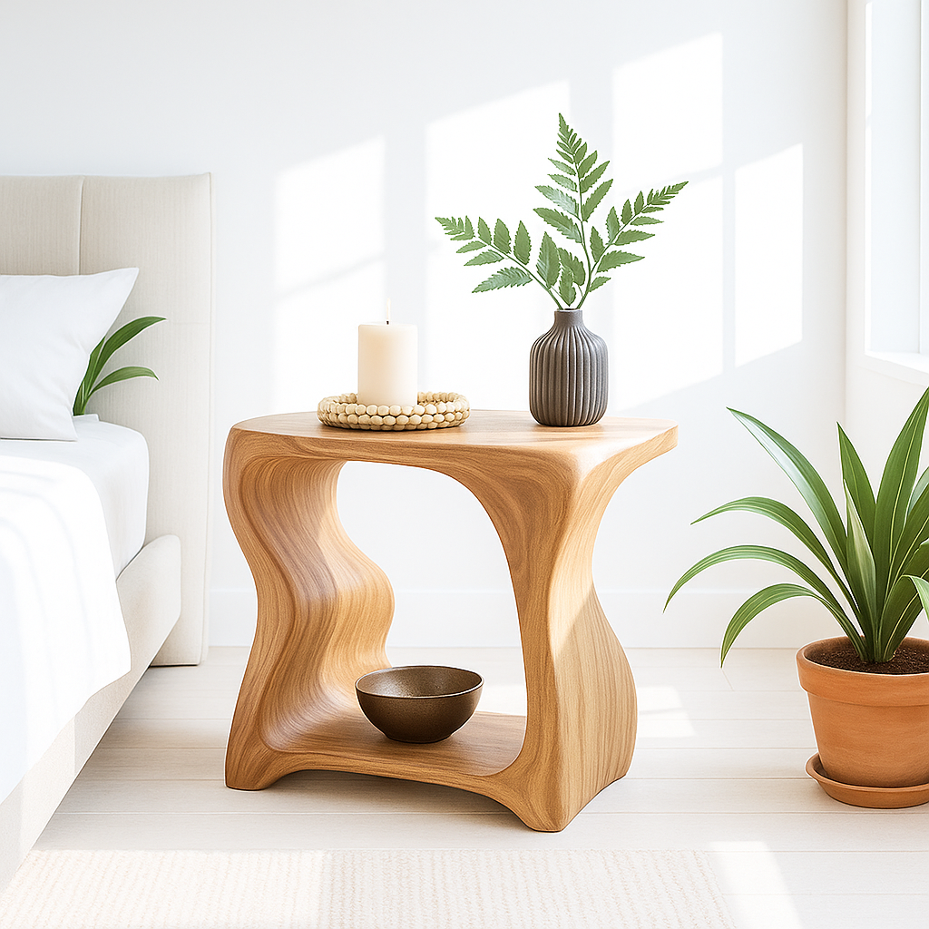Modern Wooden Nightstand with Curved Design for Bedroom - Natural Wood Finish