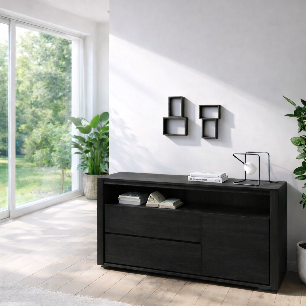 Modern Sideboard Cabinet with Drawers and Open Shelf
