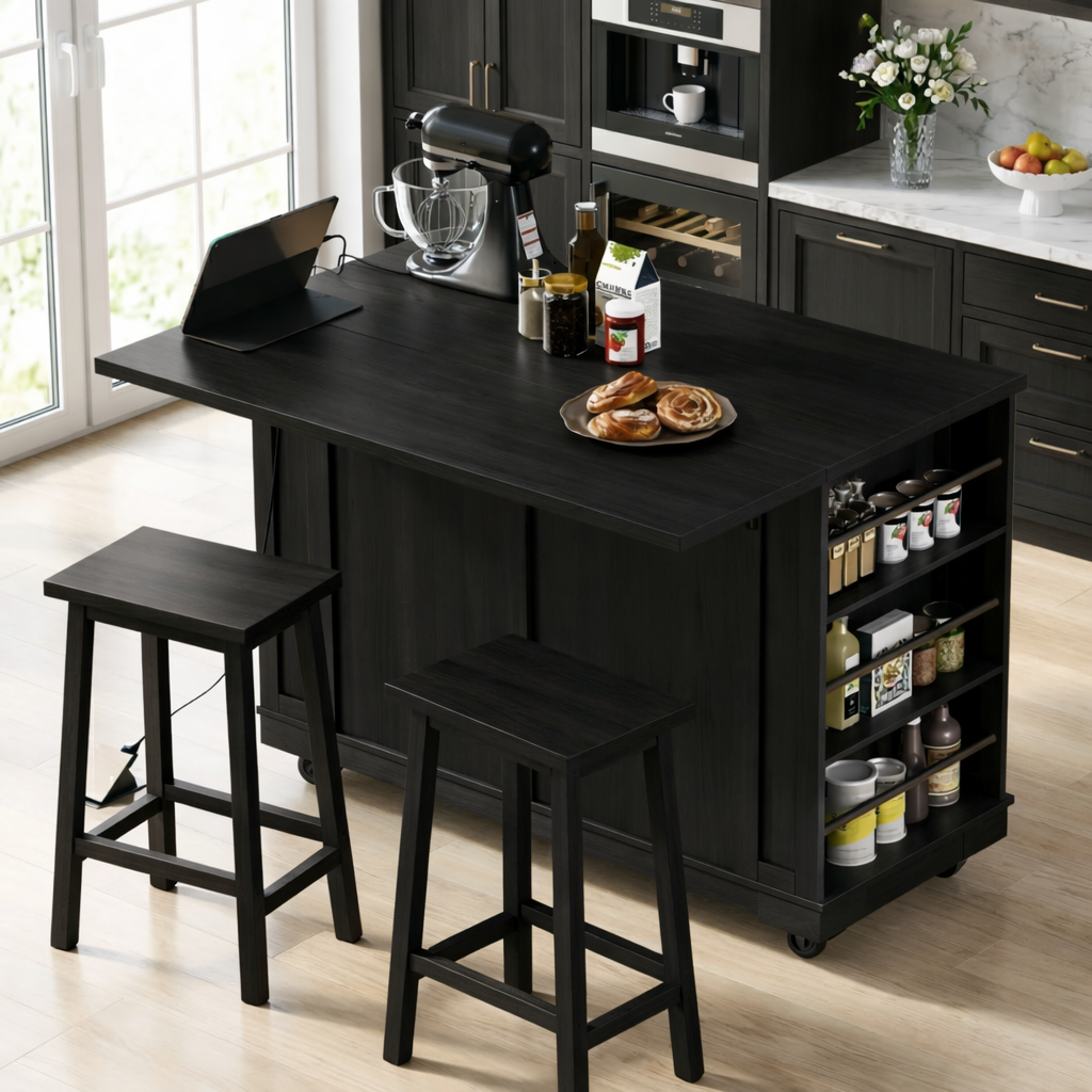 Large Kitchen Island with Side Spice Shelves, Modern Prep Table, Dining Island for Home Kitchen