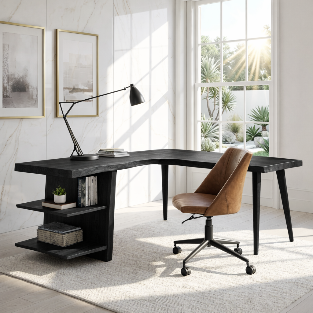 Modern L Shaped Writing Desk with Shelf Home Office Corner Workstation Table