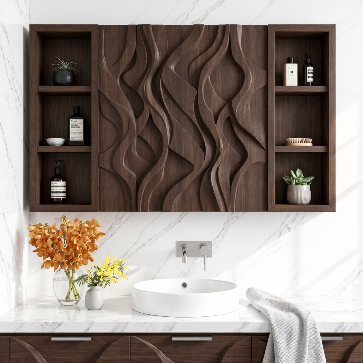 Floating Bathroom Cabinet, Carved Wall Mounted Vanity Organizer With Side Shelves