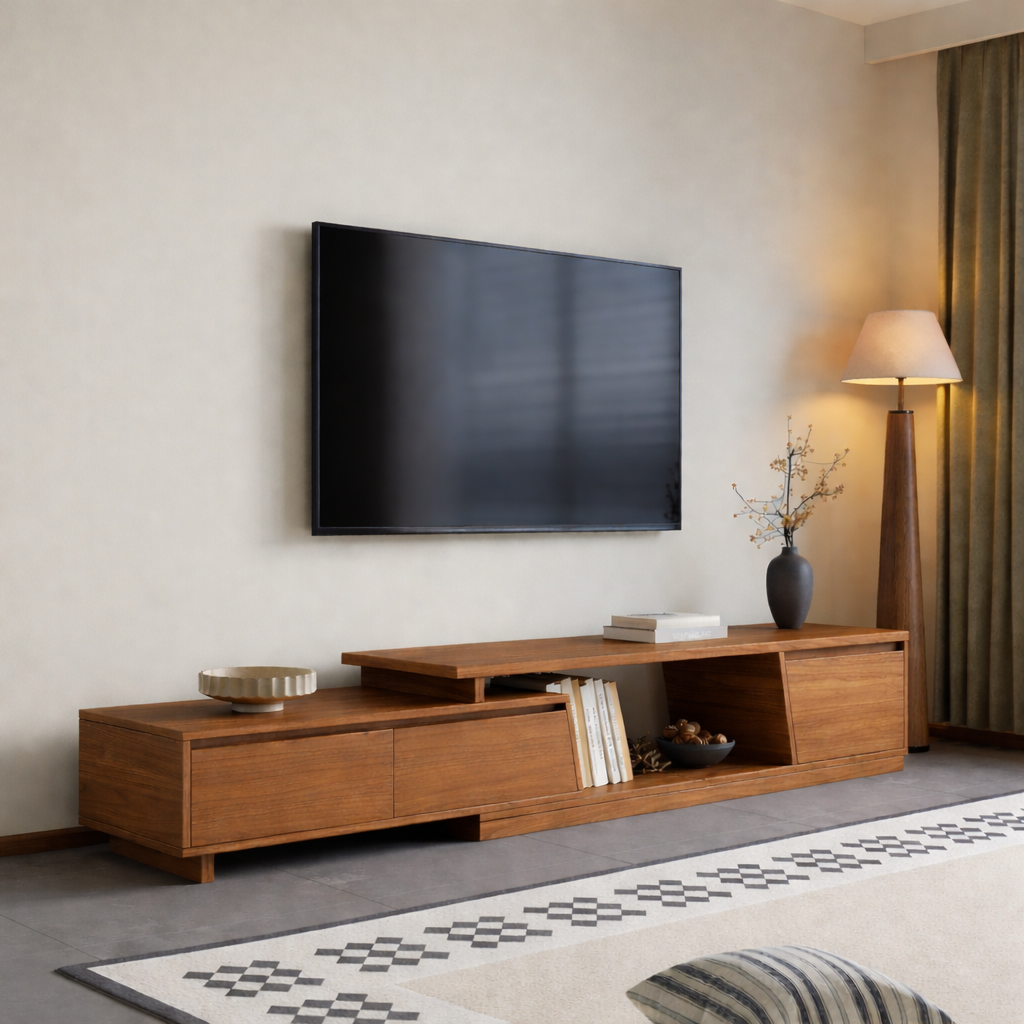 Solid Wood Media Console, Modern Low TV Stand with Open Shelf and Storage Cabinet