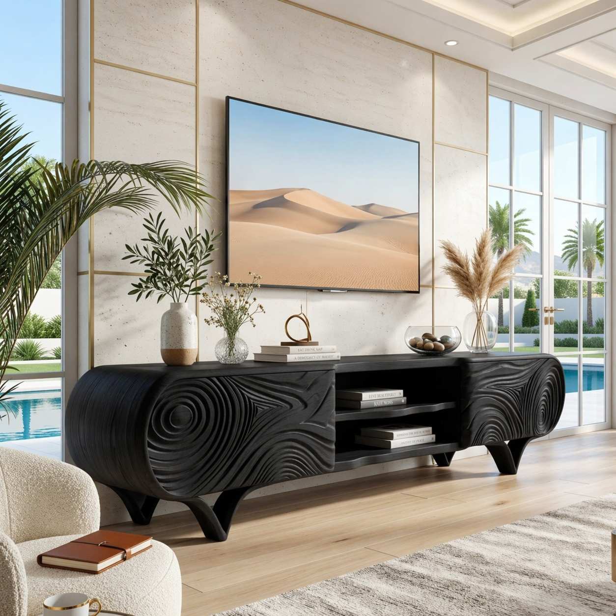 Modern Sculptural TV Console, Carved Storage Media Cabinet for Luxury Interiors