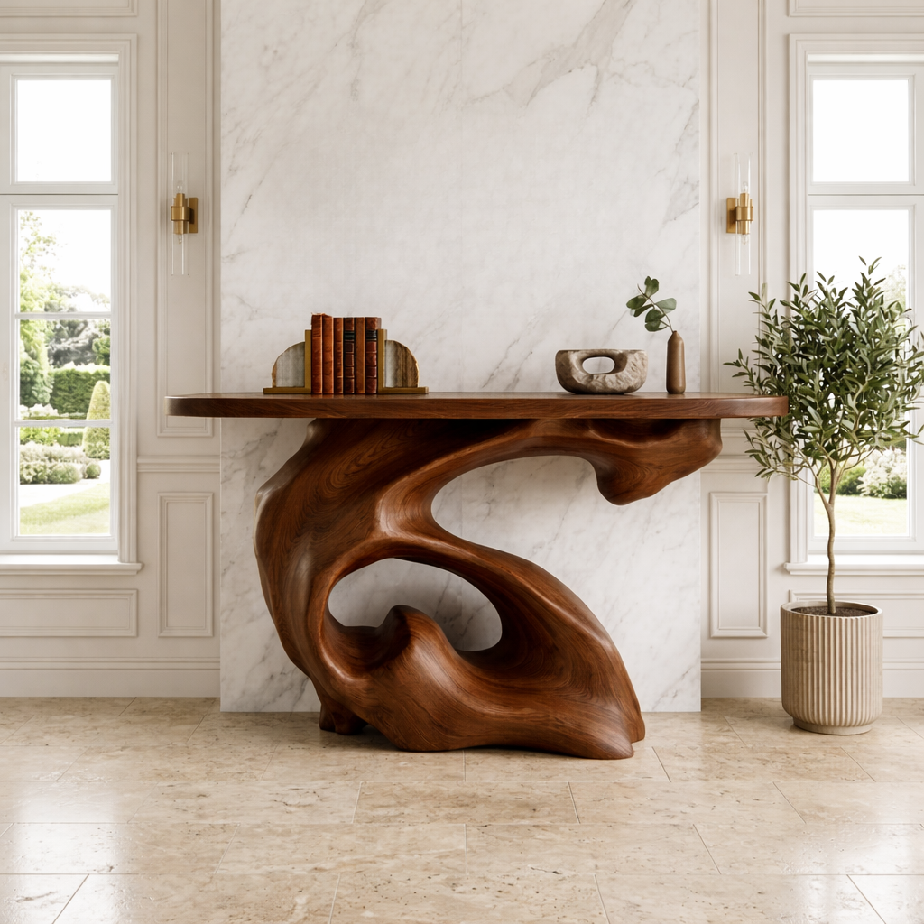 Solid Wood Console Table with Sculpted Organic Base, Artistic Modern Design