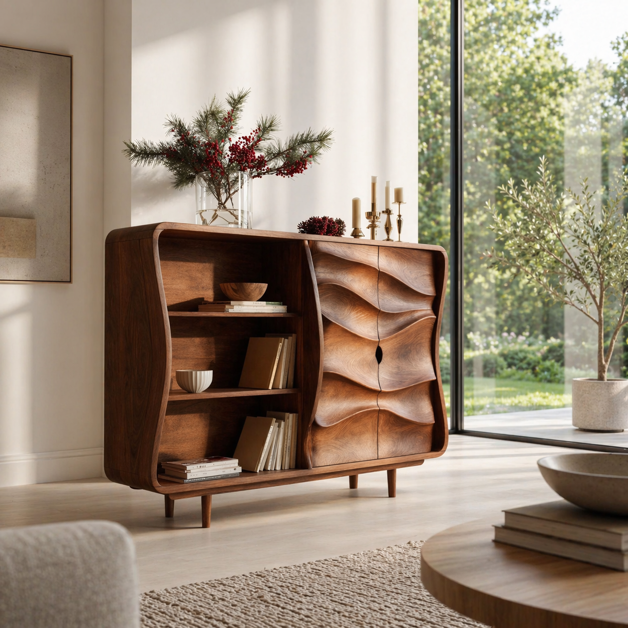 Sculptural Solid Wood Console Sideboard – Organic Modern Walnut Storage Cabinet