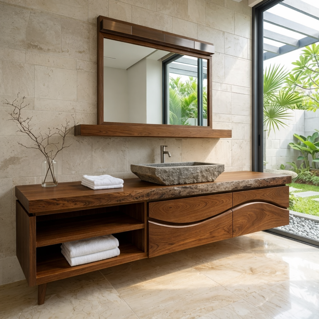 Handcrafted Solid-Wood Floating Bathroom Vanity with Stone Vessel Sink and Mirror