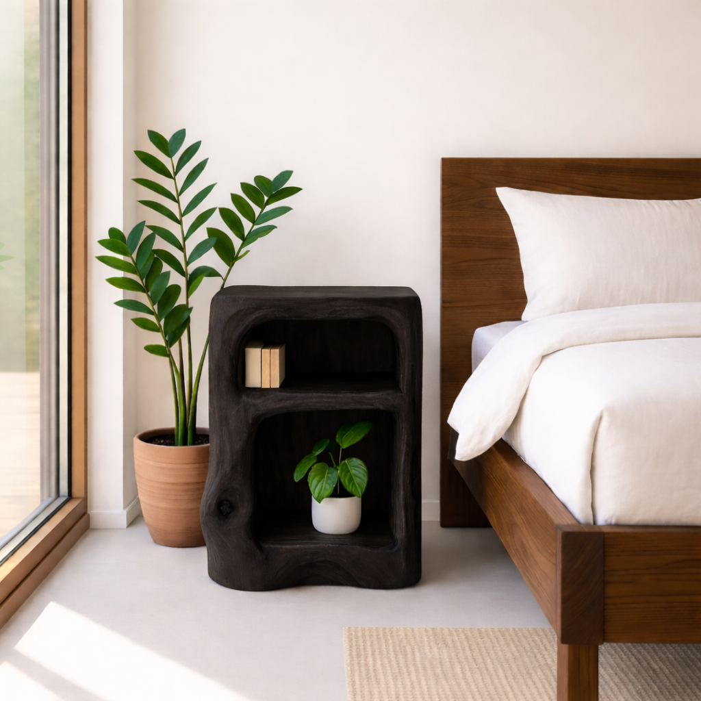Solid Wood Nightstand with Open Shelves - Natural Live Edge Design