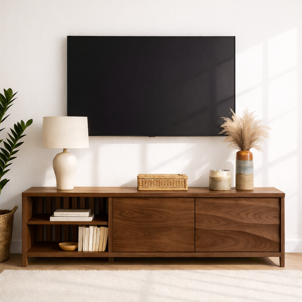 Modern Wood TV Stand With Cabinet and Open Shelf Long Media Console Entertainment Center