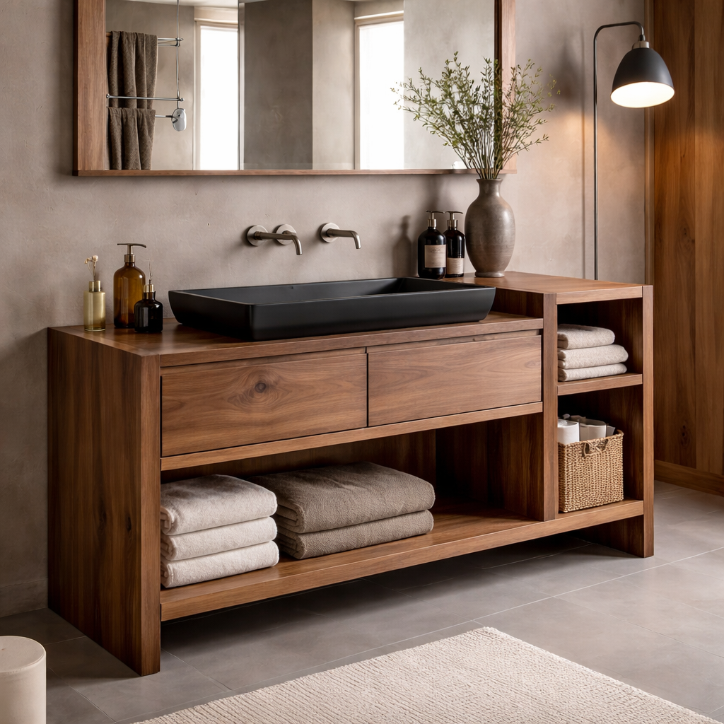 Solid Wood Bathroom Vanity Cabinet with Drawer & Side Shelf – Walnut Bathroom Storage