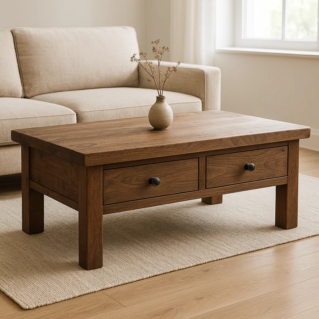Solid Wood Coffee Table with Drawers Rustic Living Room Storage Coffee Table