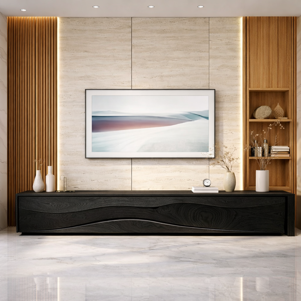 Handcrafted Solid Wood TV Stand with Black Wave Front, Entertainment Centerpiece