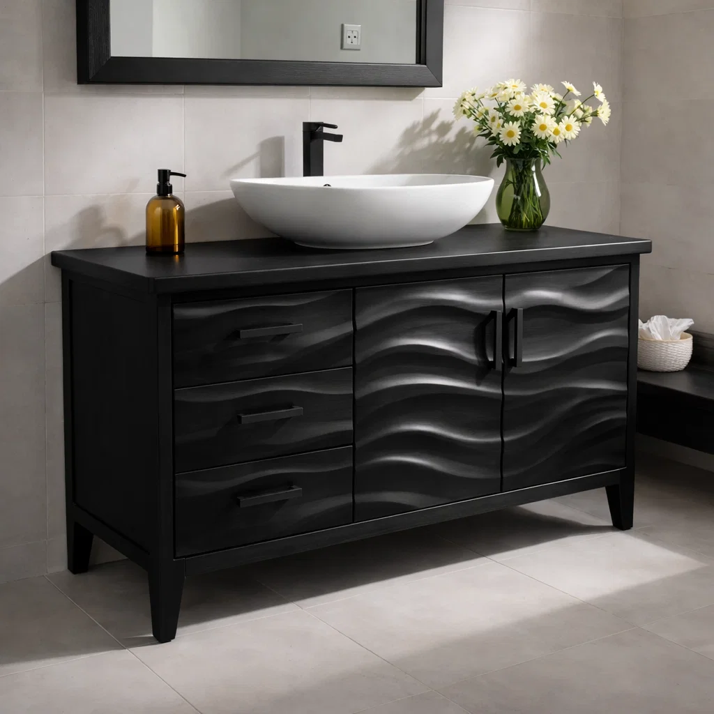 Solid Wood Bathroom Vanity with Wave Design & Drawers – Modern Rustic Base