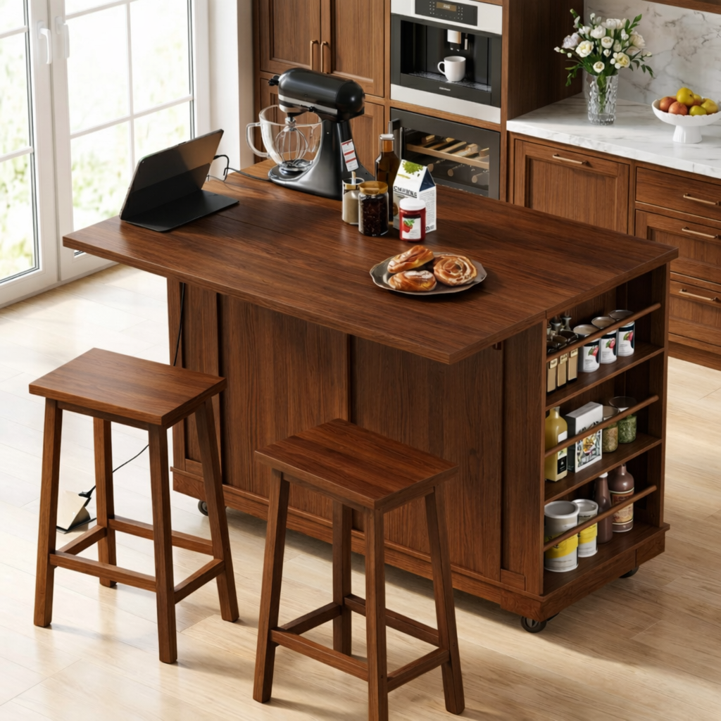 Large Kitchen Island with Side Spice Shelves, Modern Prep Table, Dining Island for Home Kitchen