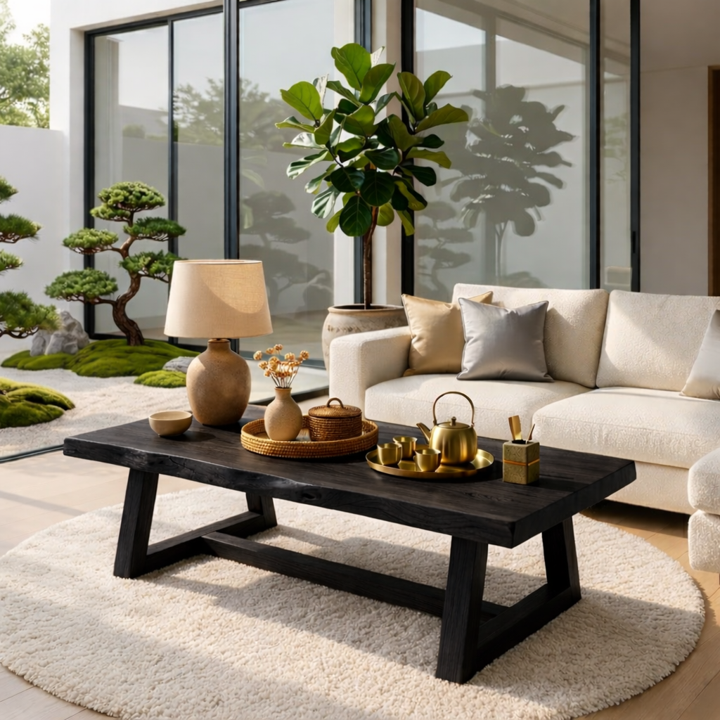 Rustic Solid Wood Coffee Table with Live Edge Top and Trestle Base for Living Room