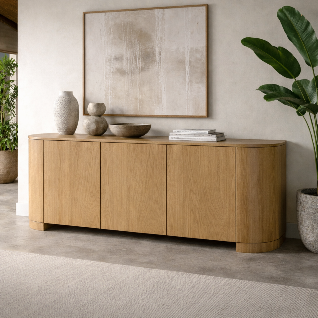 Modern Solid Wood Console Cabinet with Curved Edges and Hidden Storage