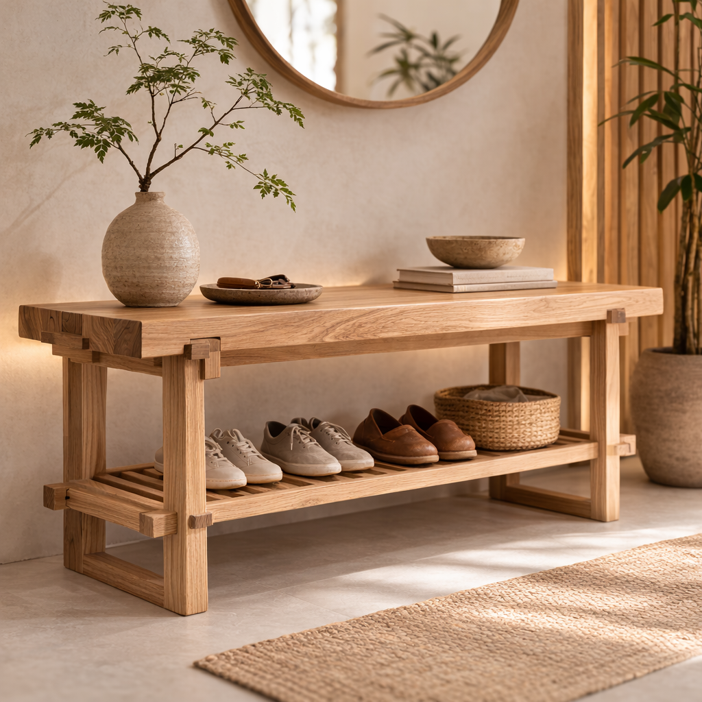 Solid Oak Entryway Bench with Storage Shelf | Modern Hallway Seating