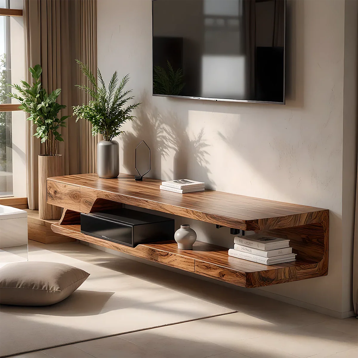 Solid Wood Floating TV Stand Modern Wall Mounted Media Console Shelf