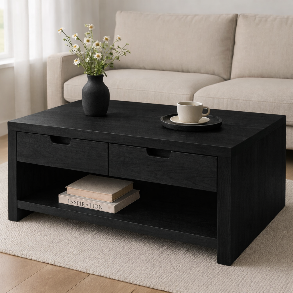 Solid Wood Coffee Table with Drawers and Open Shelf Rustic Living Room Table