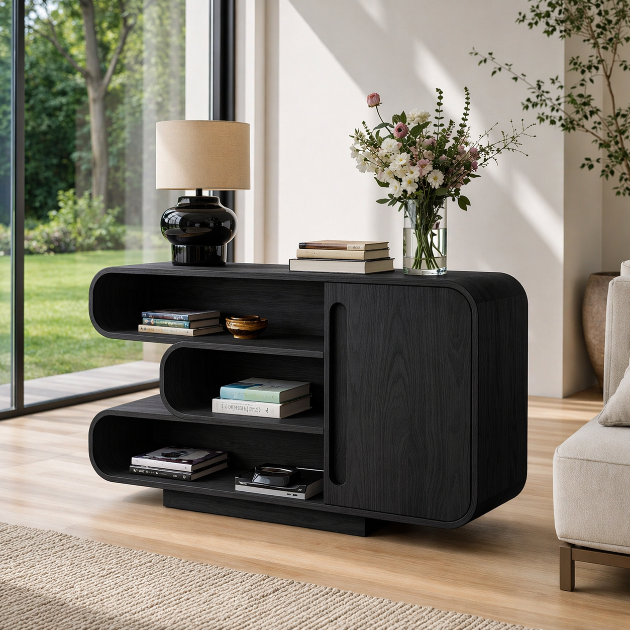 Curved Solid Wood Console Sideboard – Modern Walnut Storage Cabinet with Shelves