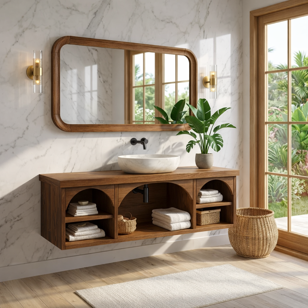 Solid Wood Floating Vanity with Arched Storage and Modern Design