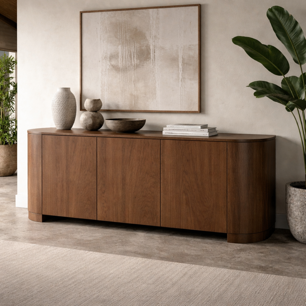 Modern Solid Wood Console Cabinet with Curved Edges and Hidden Storage