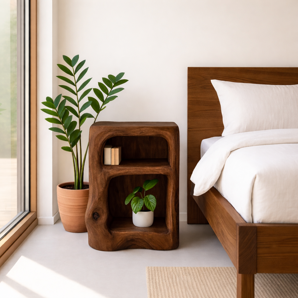 Solid Wood Nightstand with Open Shelves - Natural Live Edge Design