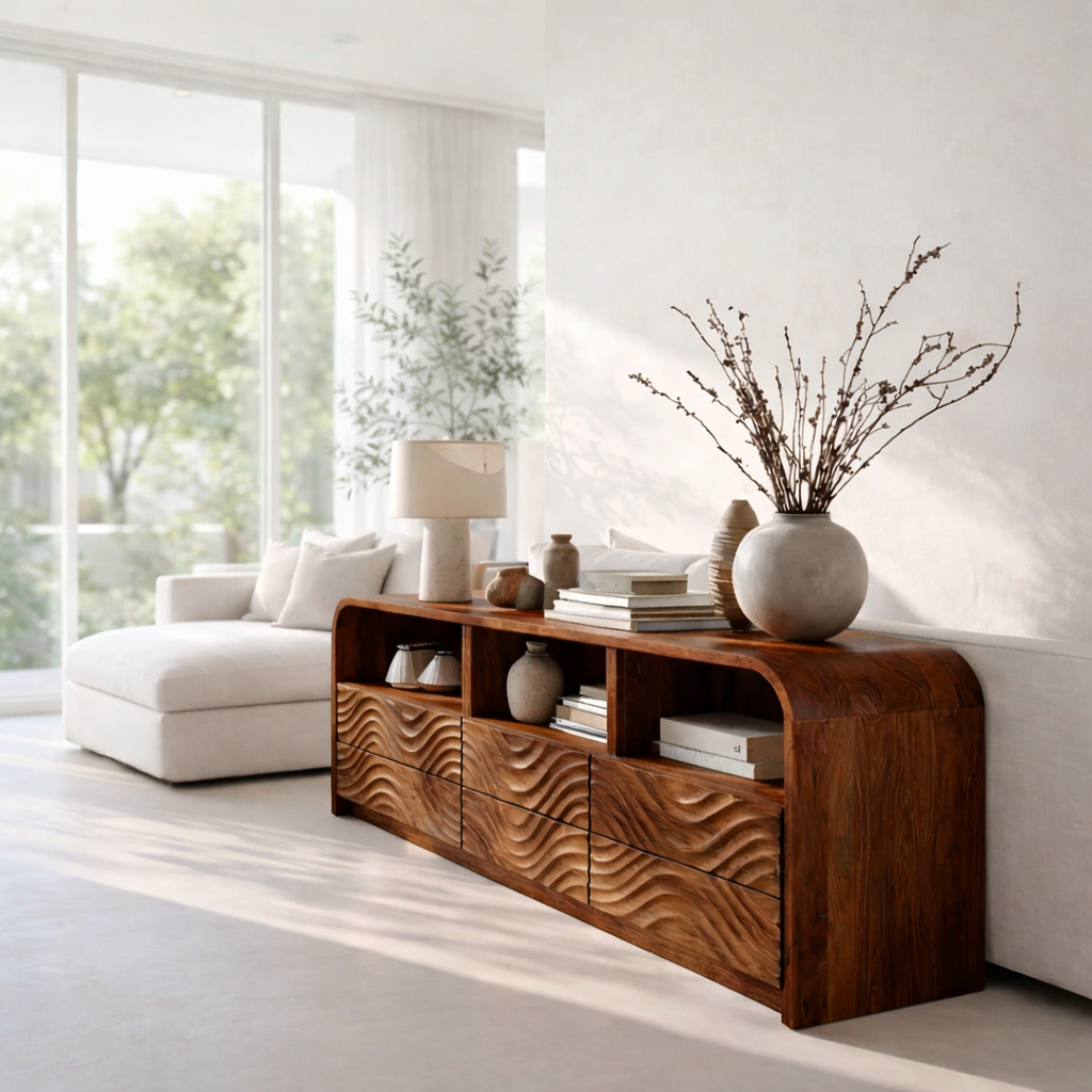 Solid Wood Sideboard Console with Wave Carved Drawers & Open Shelf Cabinet