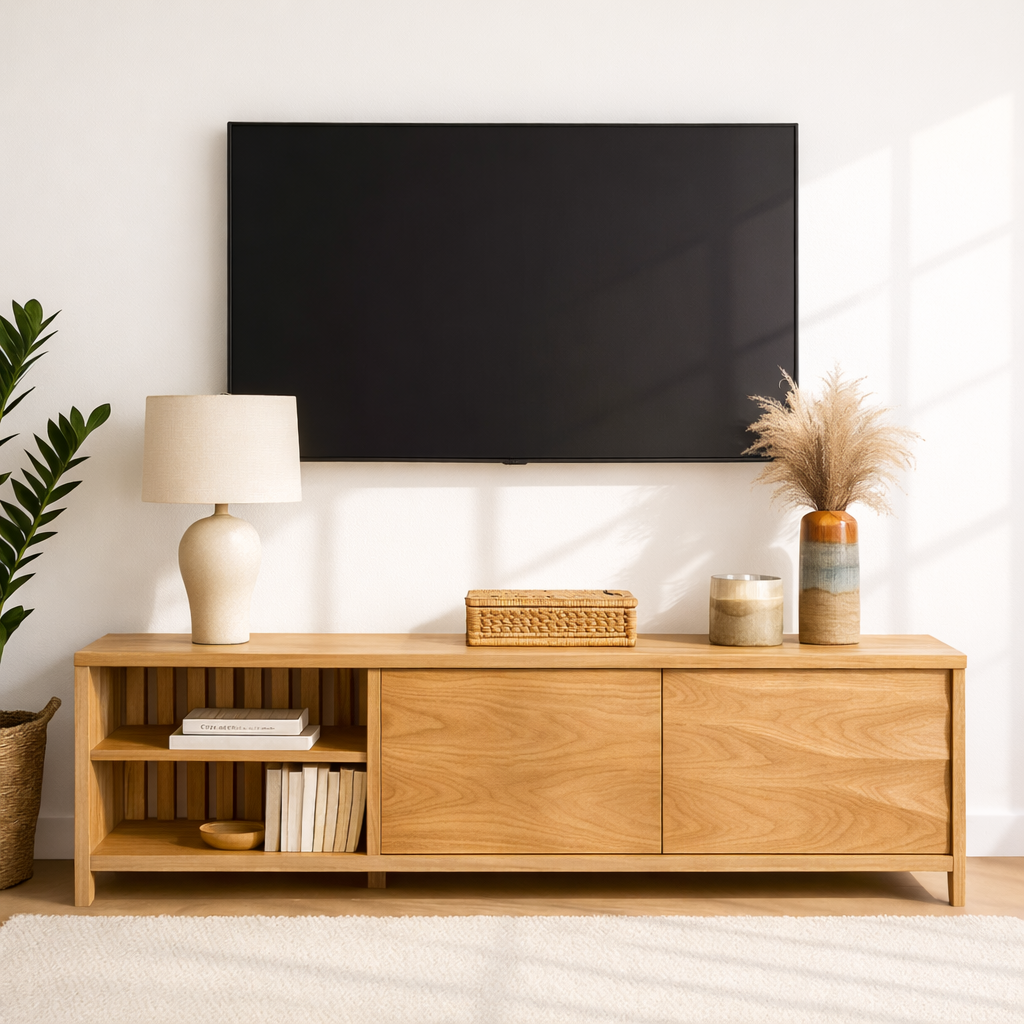 Modern Wood TV Stand With Cabinet and Open Shelf Long Media Console Entertainment Center