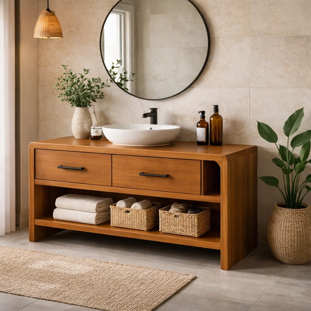 Solid Wood Bathroom Vanity with Drawers and Open Shelf – Modern Vanity Cabinet