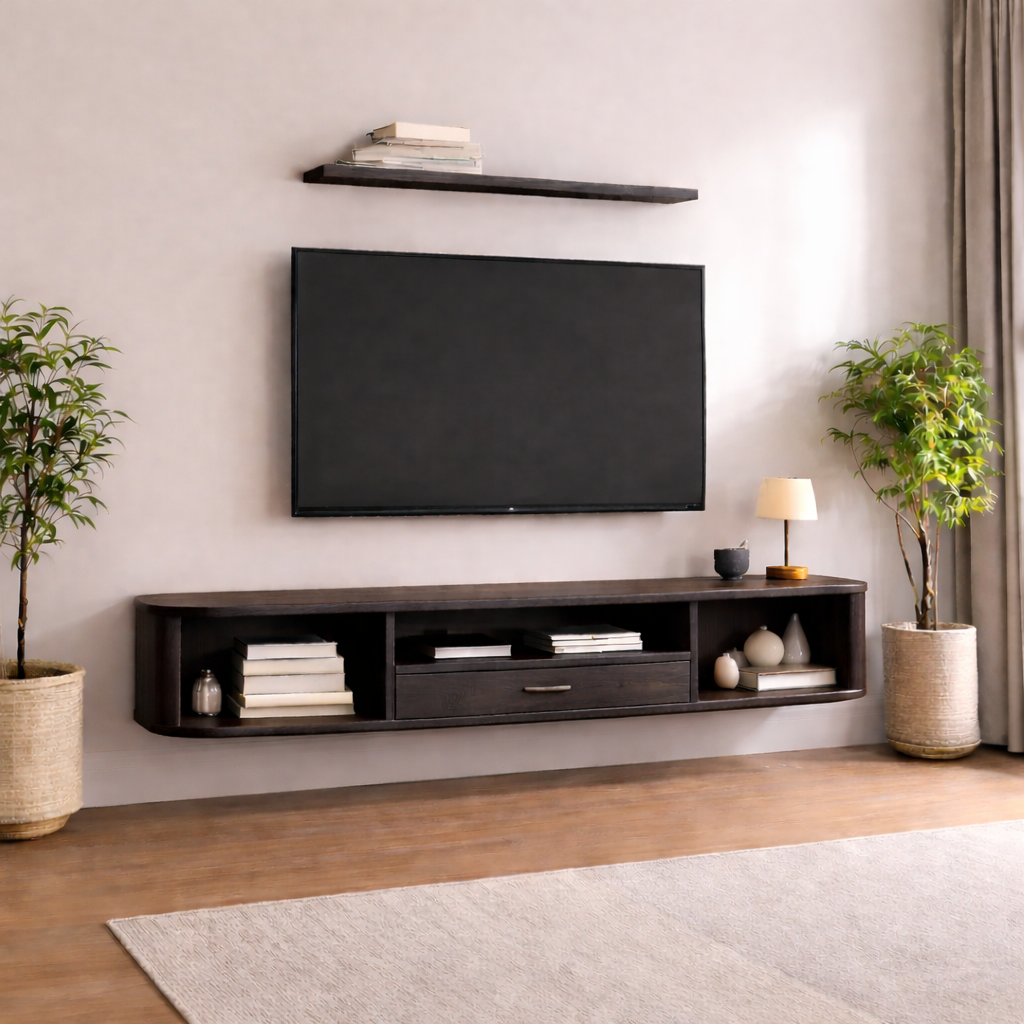 Floating Solid Wood TV Stand with Drawer and Open Shelves – Wall Mounted Media Console