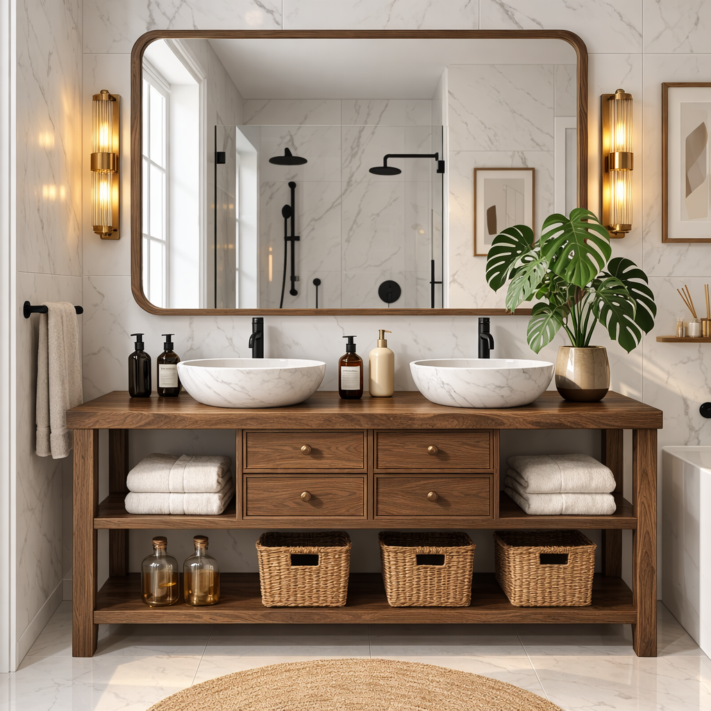 Modern Wooden Bathroom Vanity with Dual Marble Sinks and Ample Storage