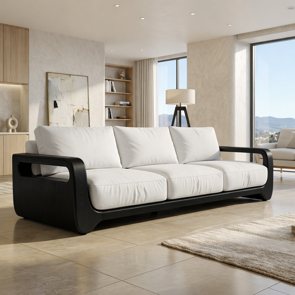 Modern Solid Wood Sofa with White Fabric Cushions Minimalist Japandi Living Couch