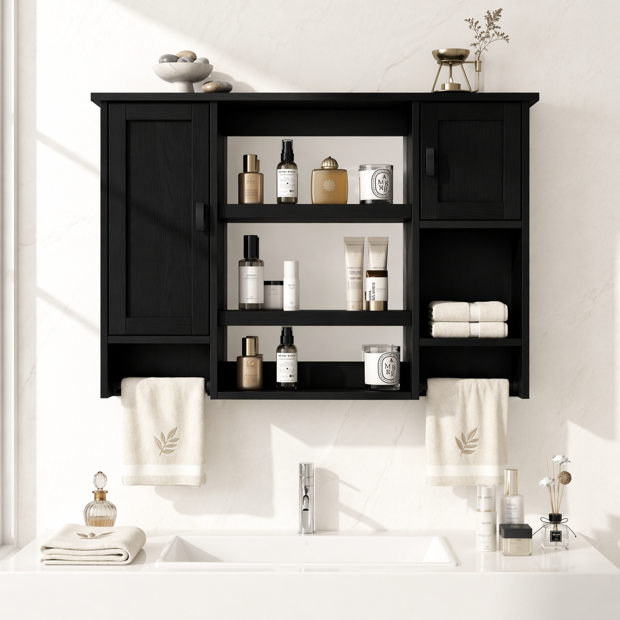 Floating Bathroom Cabinet, Wall-Mounted Vanity Storage Shelf With Towel Bars Unit