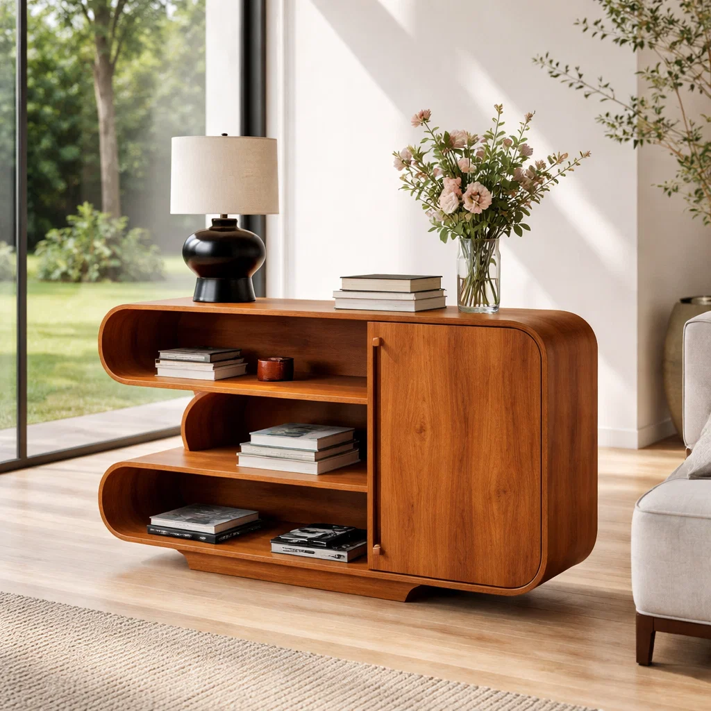 Curved Solid Wood Console Sideboard – Modern Walnut Storage Cabinet with Shelves