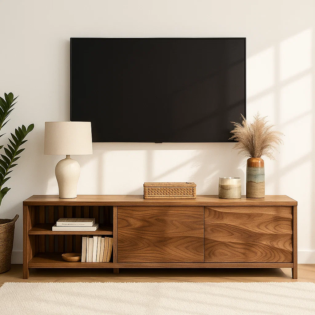 Modern Wood TV Stand With Cabinet and Open Shelf Long Media Console Entertainment Center