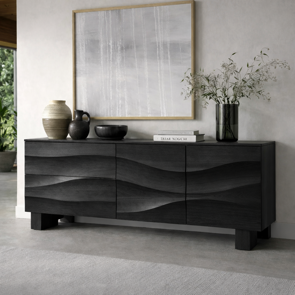 Solid Wood Wave Front Console Cabinet – Modern Sculpted Storage Sideboard