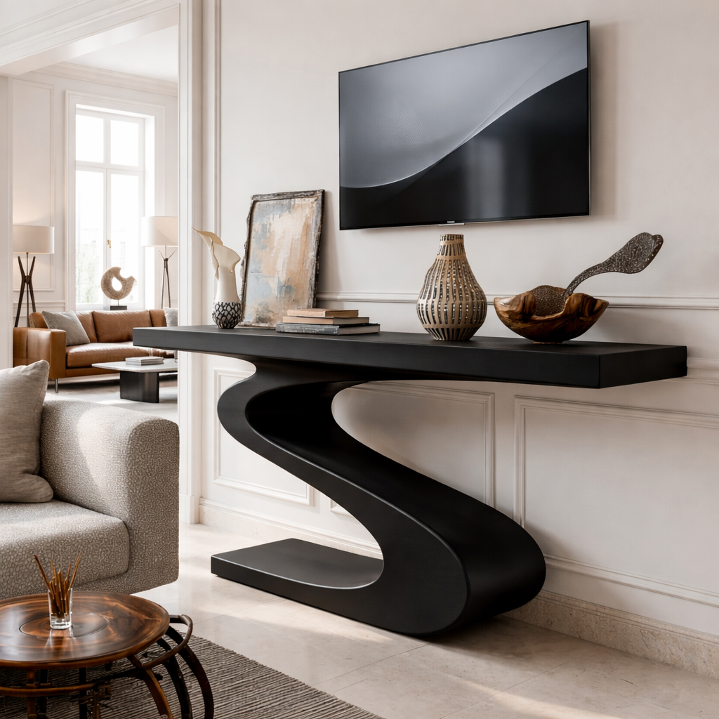 Solid Wood Console Table with Sculpted Curved Base, Modern Artistic Design